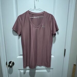 Under Armour‎ Womens HeatGear Loose V-Neck Short Sleeve Shirt Mauve Pink Medium